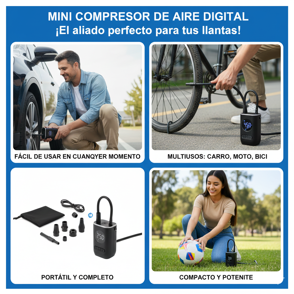 Mini Compresor de Aire Digital Inalámbrico Portátil – Para Auto, Moto y Bicicleta