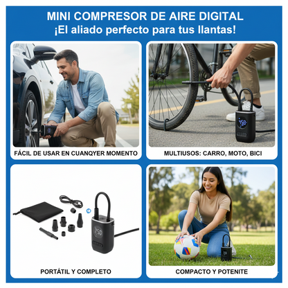 Mini Compresor de Aire Digital Inalámbrico Portátil – Para Auto, Moto y Bicicleta